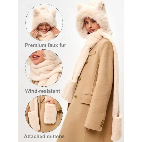 Kids Beige Faux fur Cute Cat Ears Winter Hat, 3 in 1 Plush Animal Hat Imported